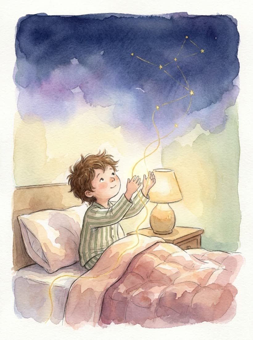 A Nightweave storybook cover — a child watching a golden thread weave into the stars